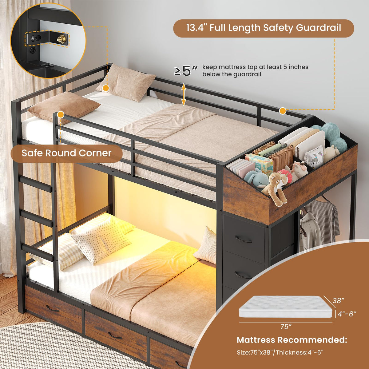 Twin Over Twin Bunk Bed with 8 Storage Drawers and Power Outlets, LED Metal Bunk Bed with Ladder, Black Y52472