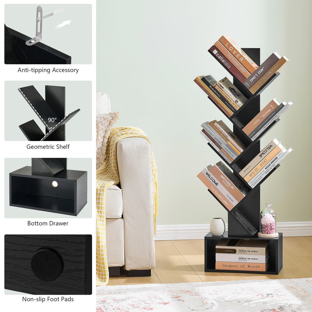Black 6 Tier Wood Tree Bookshelf with Drawer Y124
