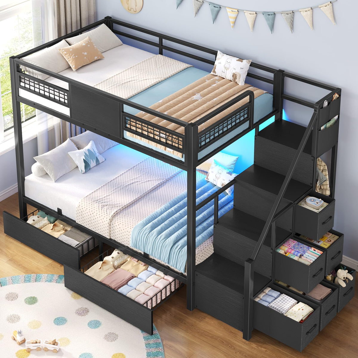 Twin Over Twin Bunk Bed with Stairs and Storage Drawers M151863