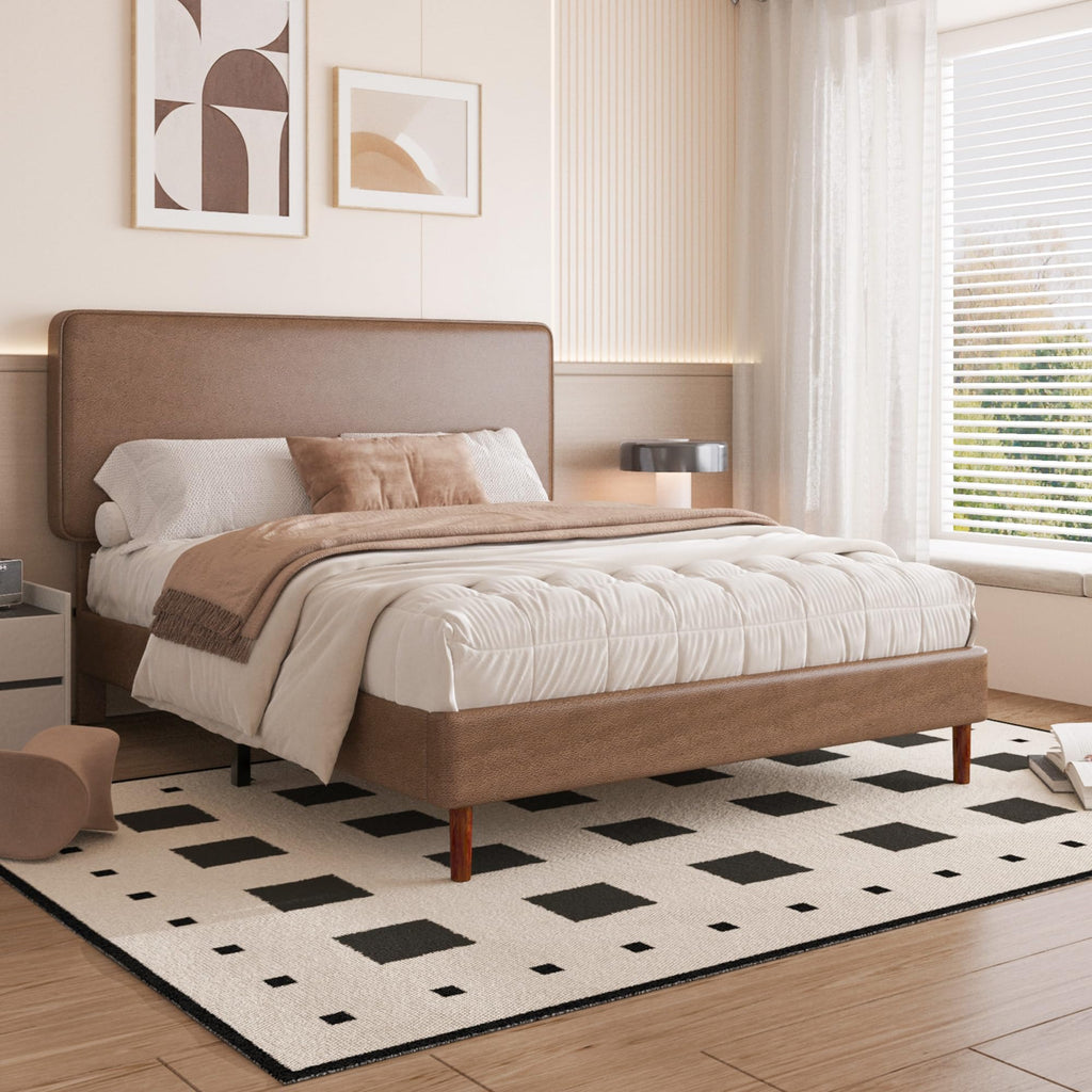 Brown Leather Full Size Platform Bed Frame O59376