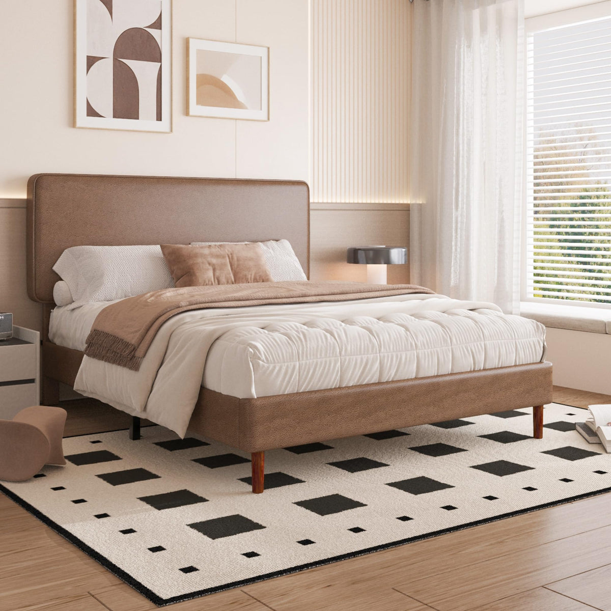 Brown Leather Full Size Platform Bed Frame O59376