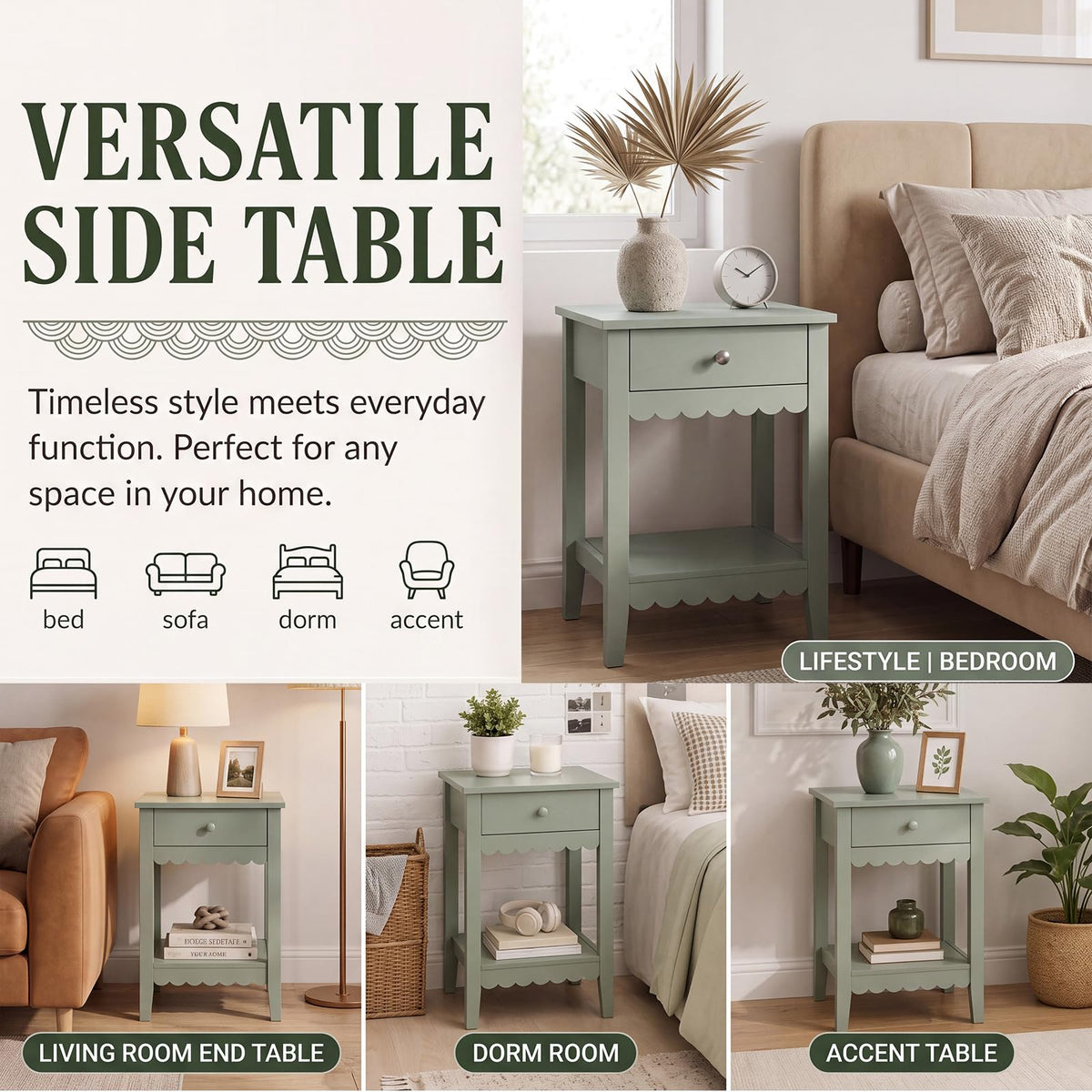 Scalloped Nightstands Side End Table with Drawer & Open Shelf F49307