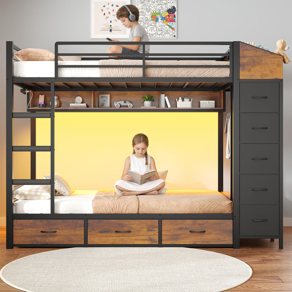 Twin Over Twin Bunk Bed with 8 Storage Drawers and Power Outlets, LED Metal Bunk Bed with Ladder, Black Y52472