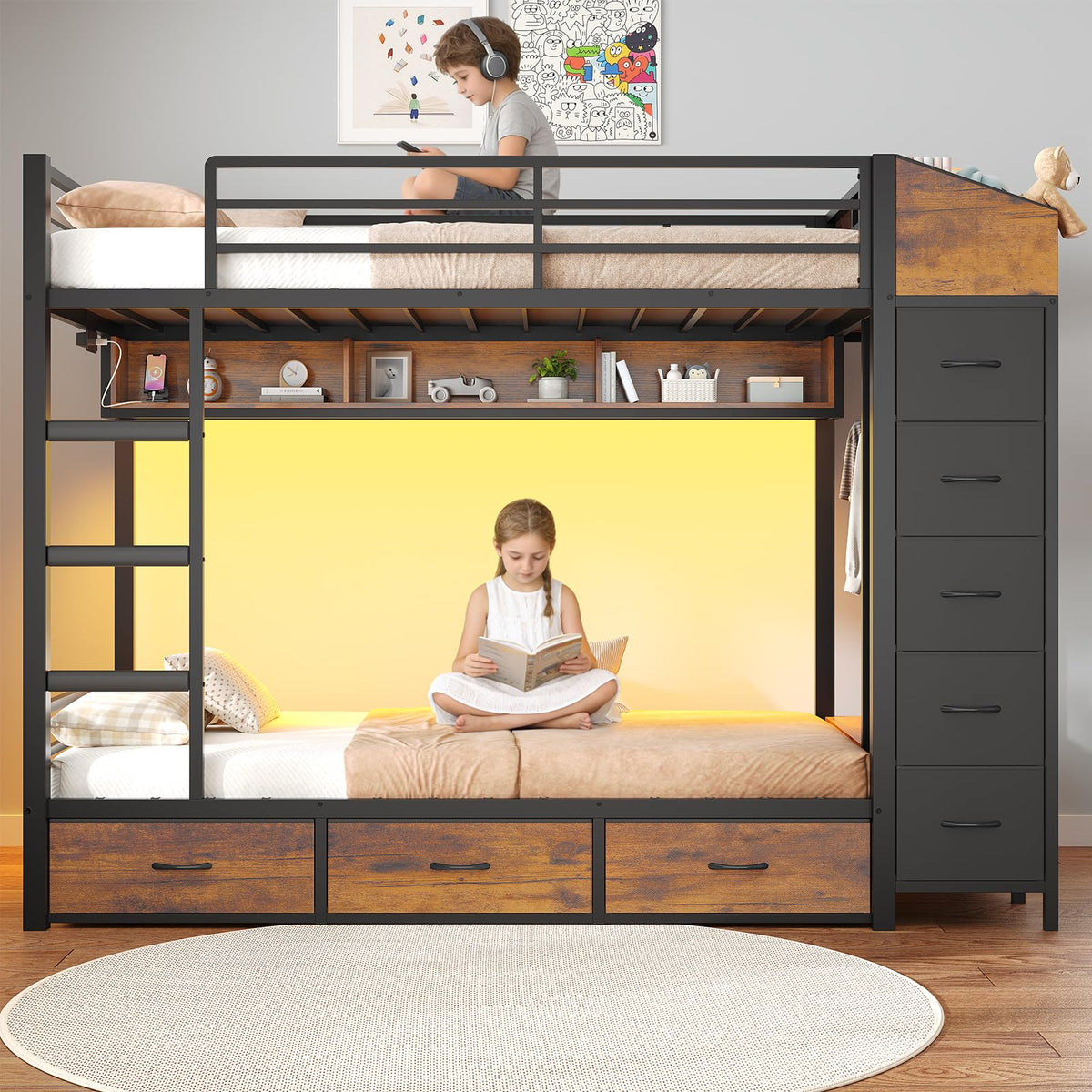 Twin Over Twin Bunk Bed with 8 Storage Drawers and Power Outlets, LED Metal Bunk Bed with Ladder, Black Y52472