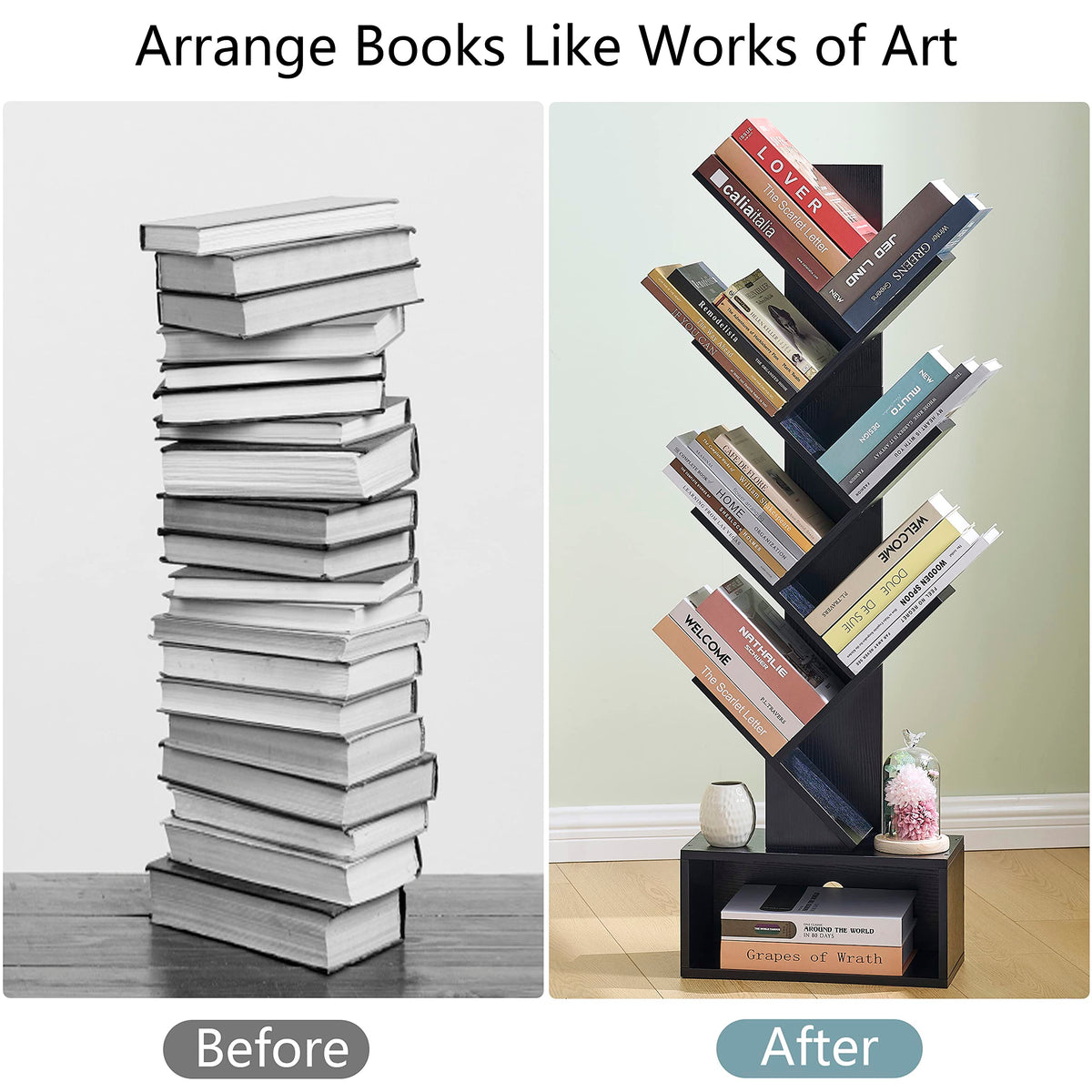 Black 6 Tier Wood Tree Bookshelf with Drawer Y124