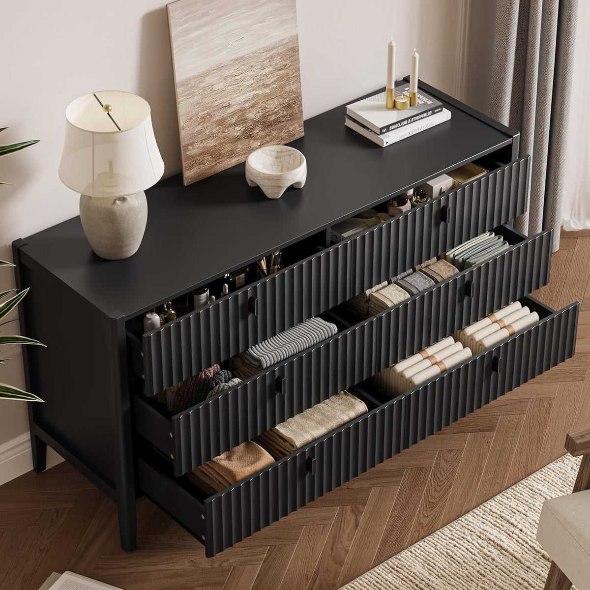 Black 6 Drawer Wood Dresser D72394