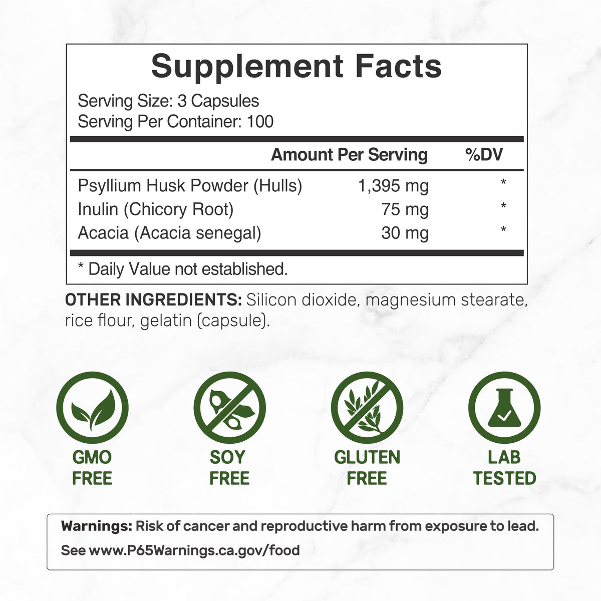 Psyllium Husk 1500mg 300 Capsules 3 in 1 Fiber Supplement W9197
