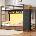Twin Over Twin Bunk Bed with 8 Storage Drawers and Power Outlets, LED Metal Bunk Bed with Ladder, Black Y52472