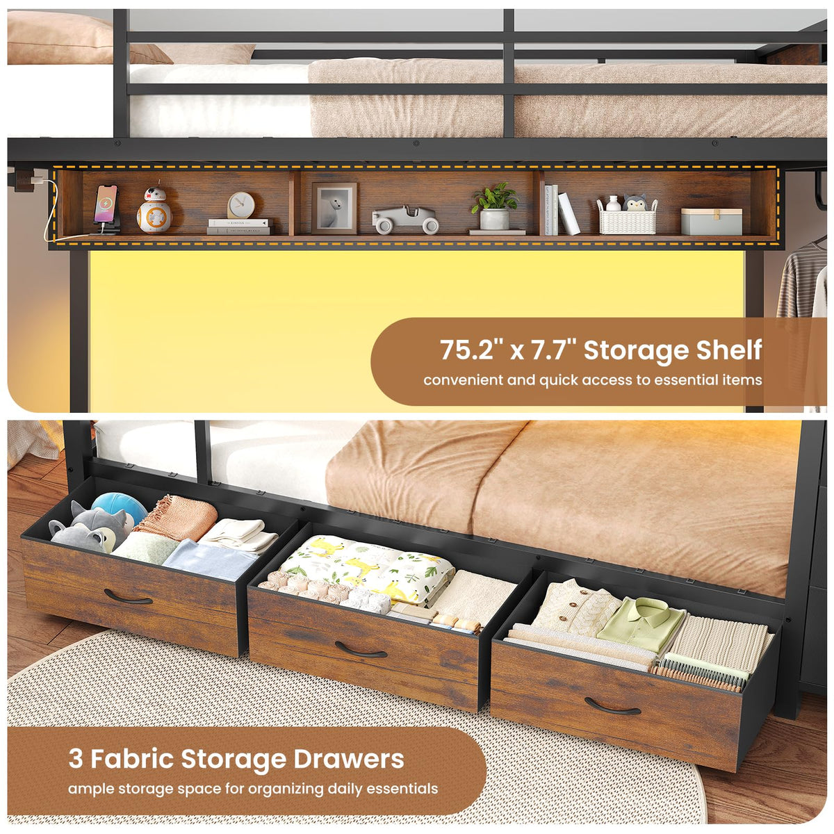 Twin Over Twin Bunk Bed with 8 Storage Drawers and Power Outlets, LED Metal Bunk Bed with Ladder, Black Y52472