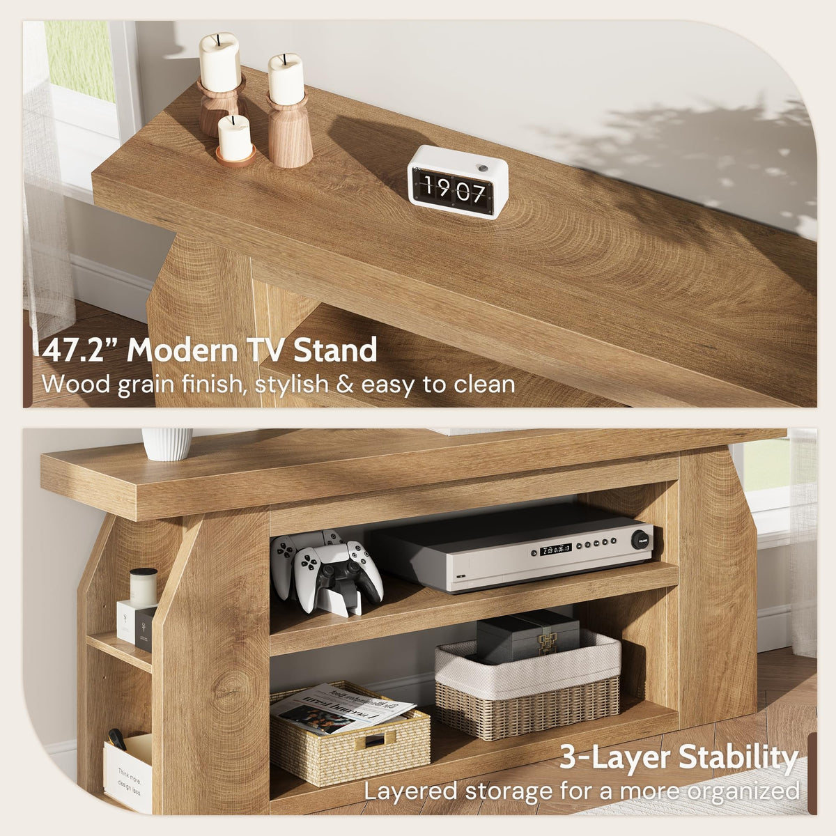 Oak 3-Tier Wood TV Stand for 55 Inch TV E816626