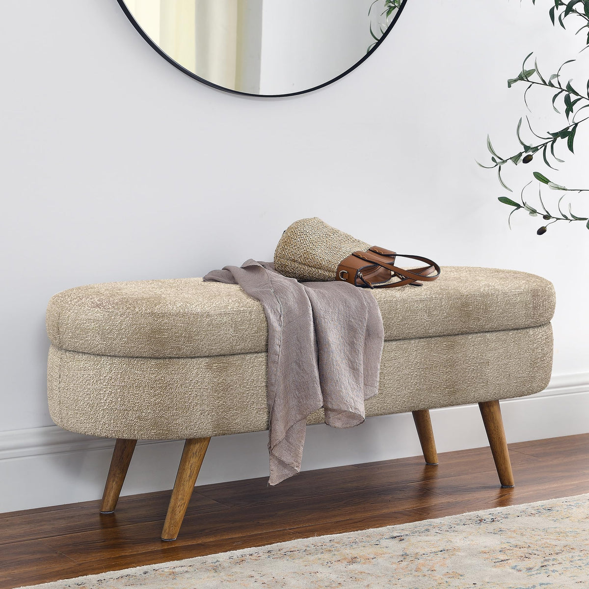 43.5" Oval Upholstered Storage Bench with Rubber Wood Legs W739425
