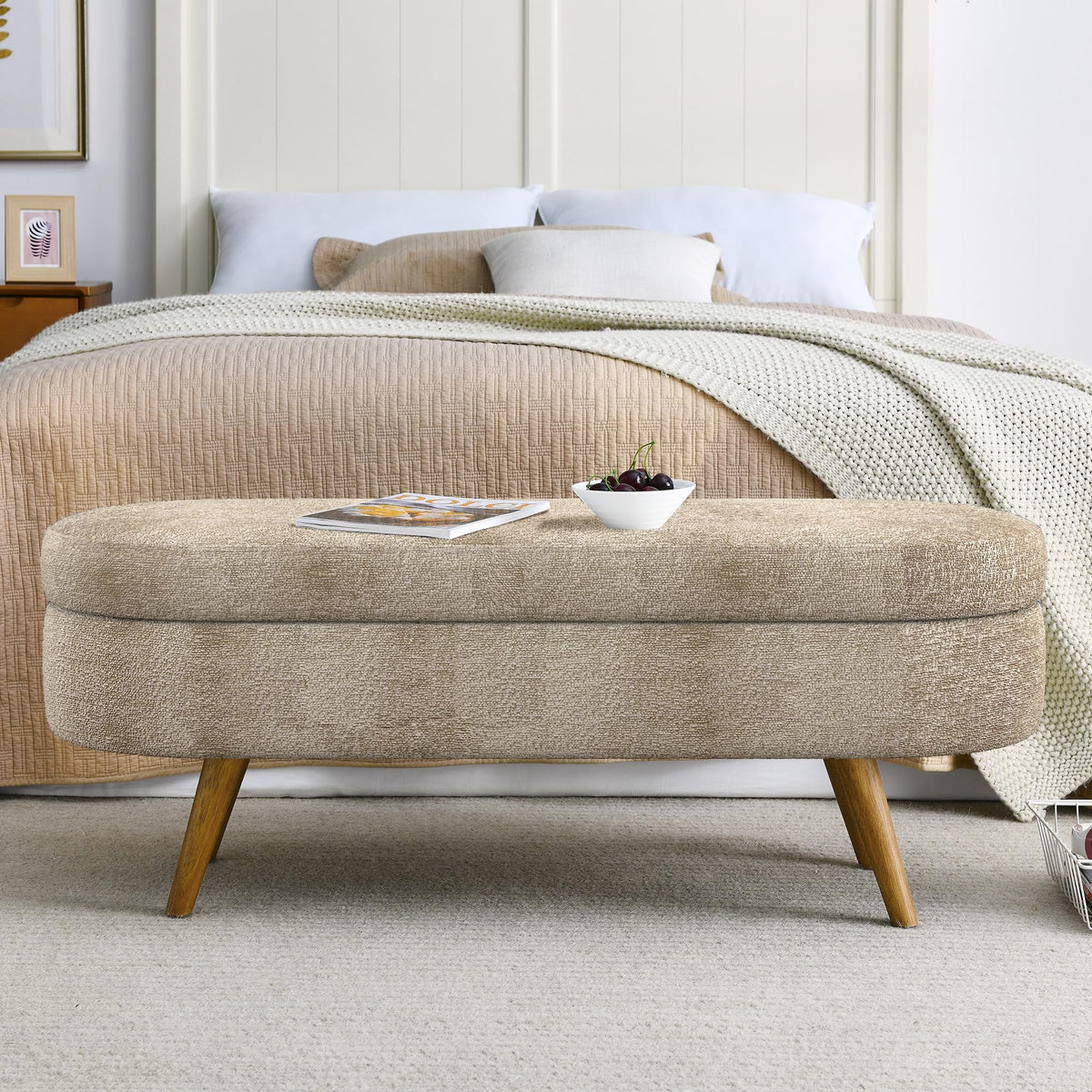 43.5" Oval Upholstered Storage Bench with Rubber Wood Legs W739425