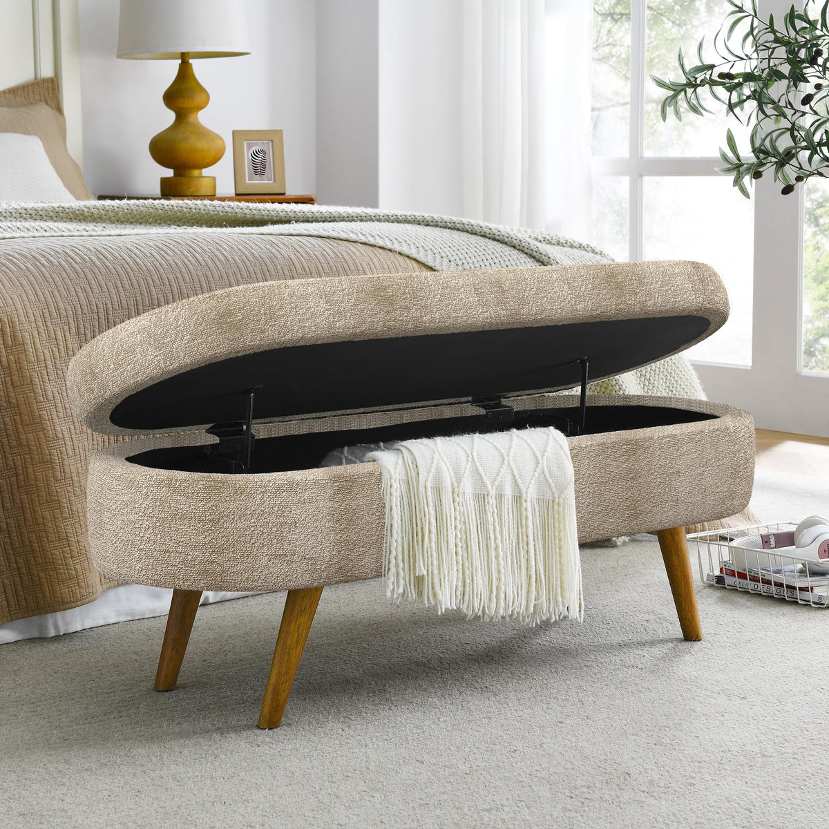 43.5" Oval Upholstered Storage Bench with Rubber Wood Legs W739425