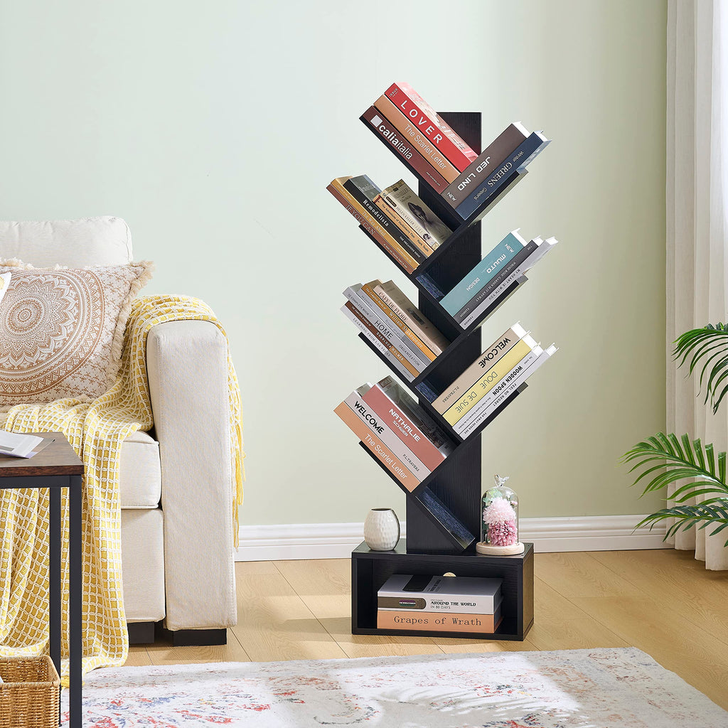 Black 6 Tier Wood Tree Bookshelf with Drawer Y124