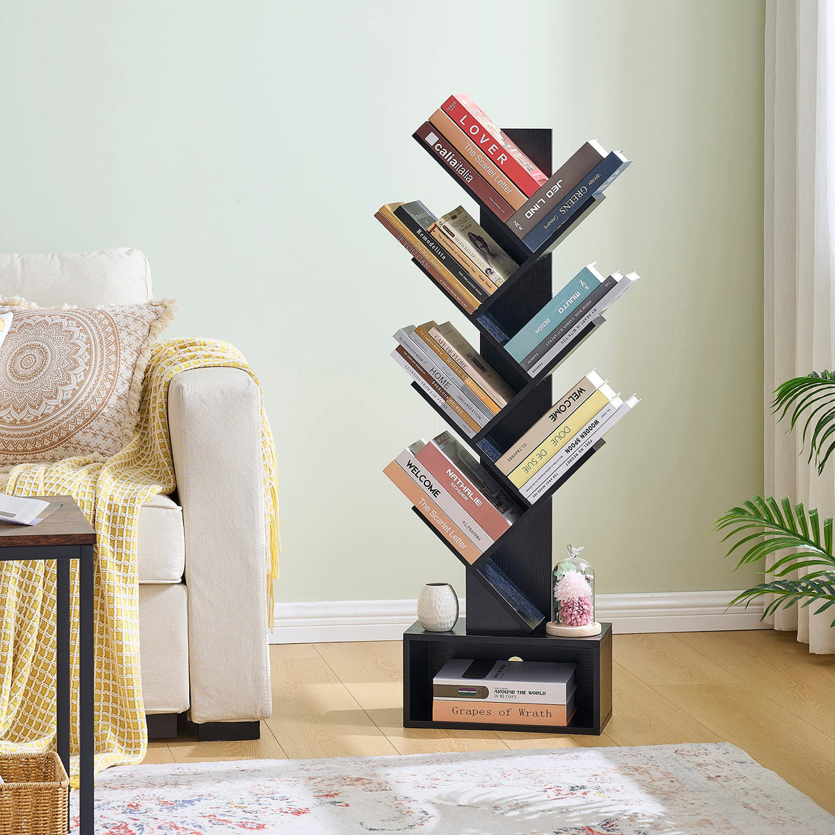 Black 6 Tier Wood Tree Bookshelf with Drawer Y124