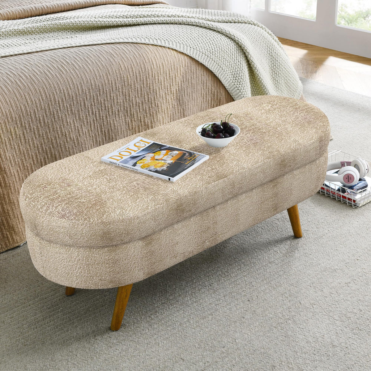 43.5" Oval Upholstered Storage Bench with Rubber Wood Legs W739425